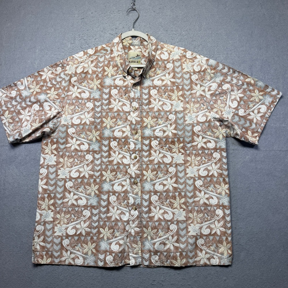 Kahala 1936 Mens 2XL Brown Floral Geometric Aloha Shirt Made in Hawaii Cotton